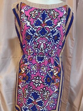 LOFT Pink and Navy Floral-Print Midi Dress